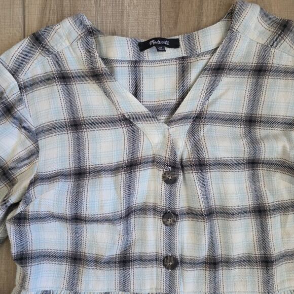 Madewell Flannel Button-Front Midi Dress Blue/Cream Women Sz 00 - Picture 7 of 9
